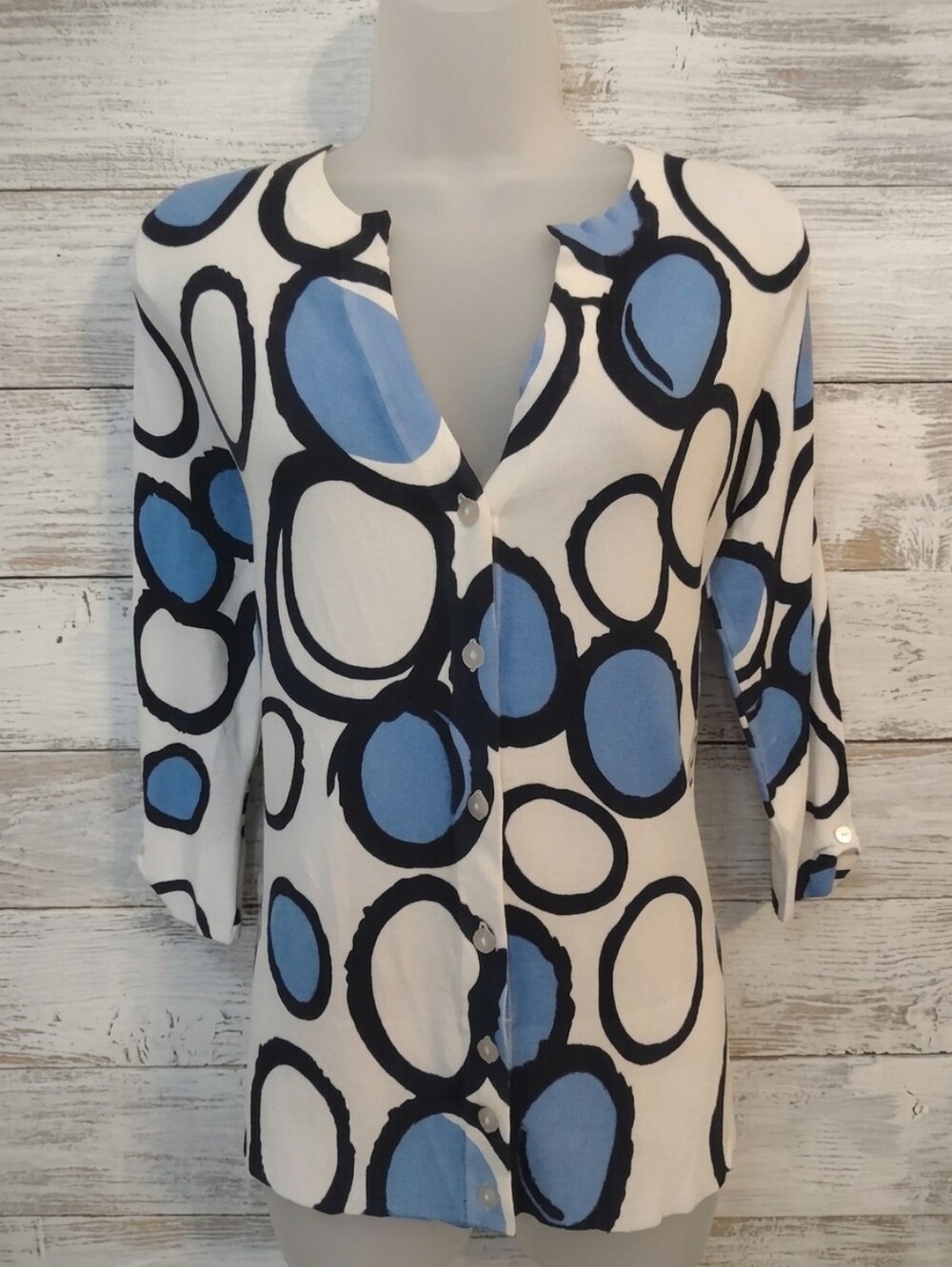 Cyrus Womens Medium Blue Dot Button Up Cardigan Sweater Abstract Print 3/4 Sleev